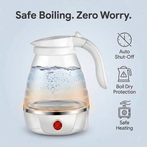 Travel Folding Electric Kettle | 600ml Portable Fast Boil | Collapsible Design | Auto Shut-Off & Boil-Dry Protection | Food-Grade Silicone + 304 Steel