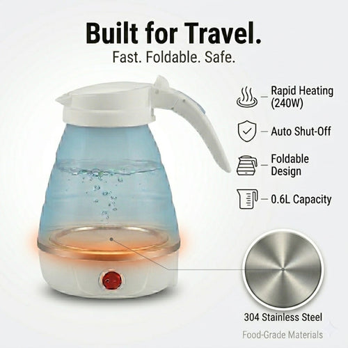 Travel Folding Electric Kettle | 600ml Portable Fast Boil | Collapsible Design | Auto Shut-Off & Boil-Dry Protection | Food-Grade Silicone + 304 Steel