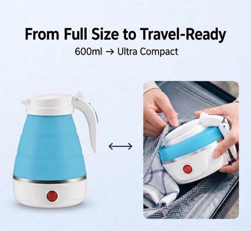 Travel Folding Electric Kettle | 600ml Portable Fast Boil | Collapsible Design | Auto Shut-Off & Boil-Dry Protection | Food-Grade Silicone + 304 Steel